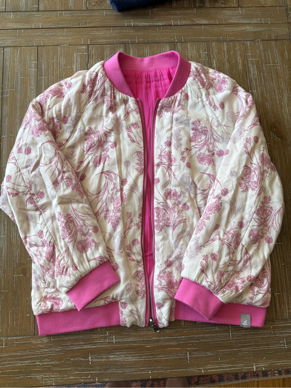 Reversible Pink Floral Quilted Bomber Jacket with Pockets